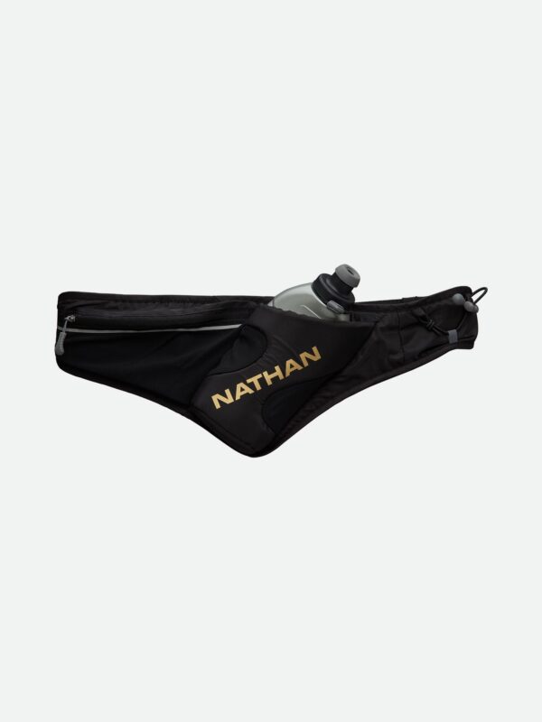 NS4873-00108_Peak_hero_07fd3373-a4a6-40bb-9357-c8337e6be60b.jpg Nathan Peak Hydration Waist Pack with 18 oz Flask - Black/Gold